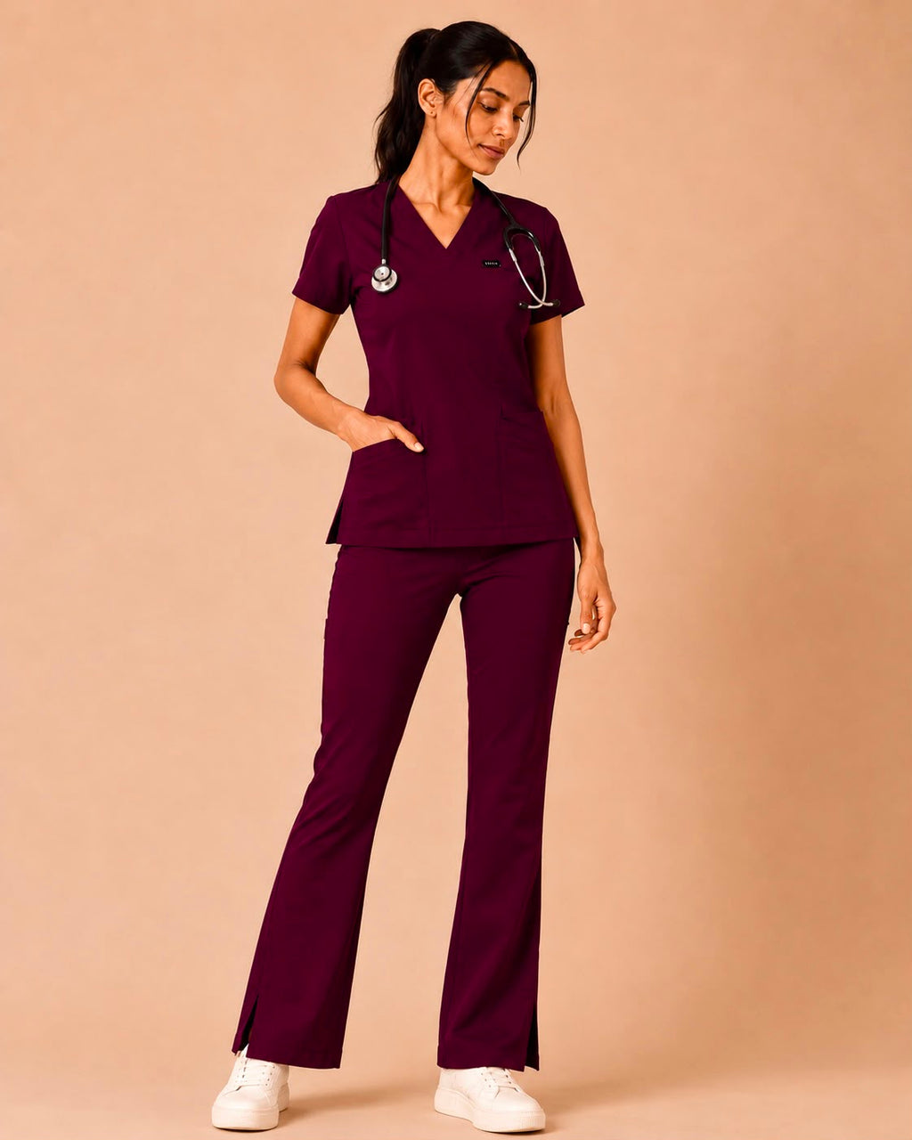 Wine Red Butter Luxe Scrub Set – Women – Back View