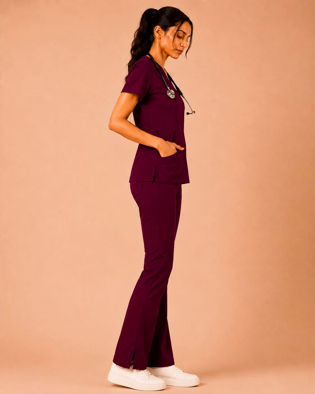 Wine Red Butter Luxe Scrub Set – Women – Side View