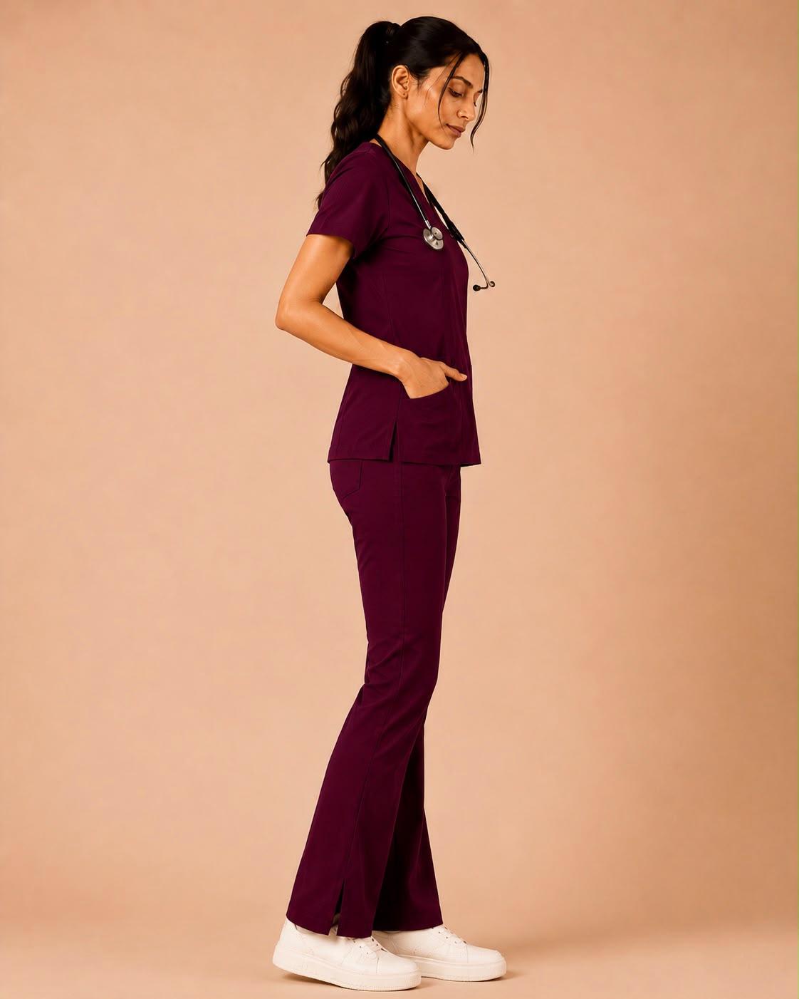 Wine Red Butter Luxe Scrub Set – Women – Side View